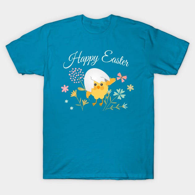 Happy Easter Hatched Chick w Flowers T-Shirt by letnothingstopyou